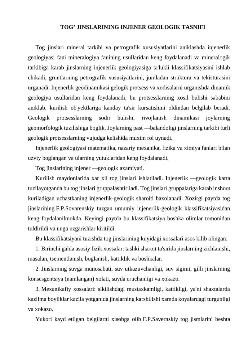 TOG’ JINSLARINING INJENER GEOLOGIK TASNIFI