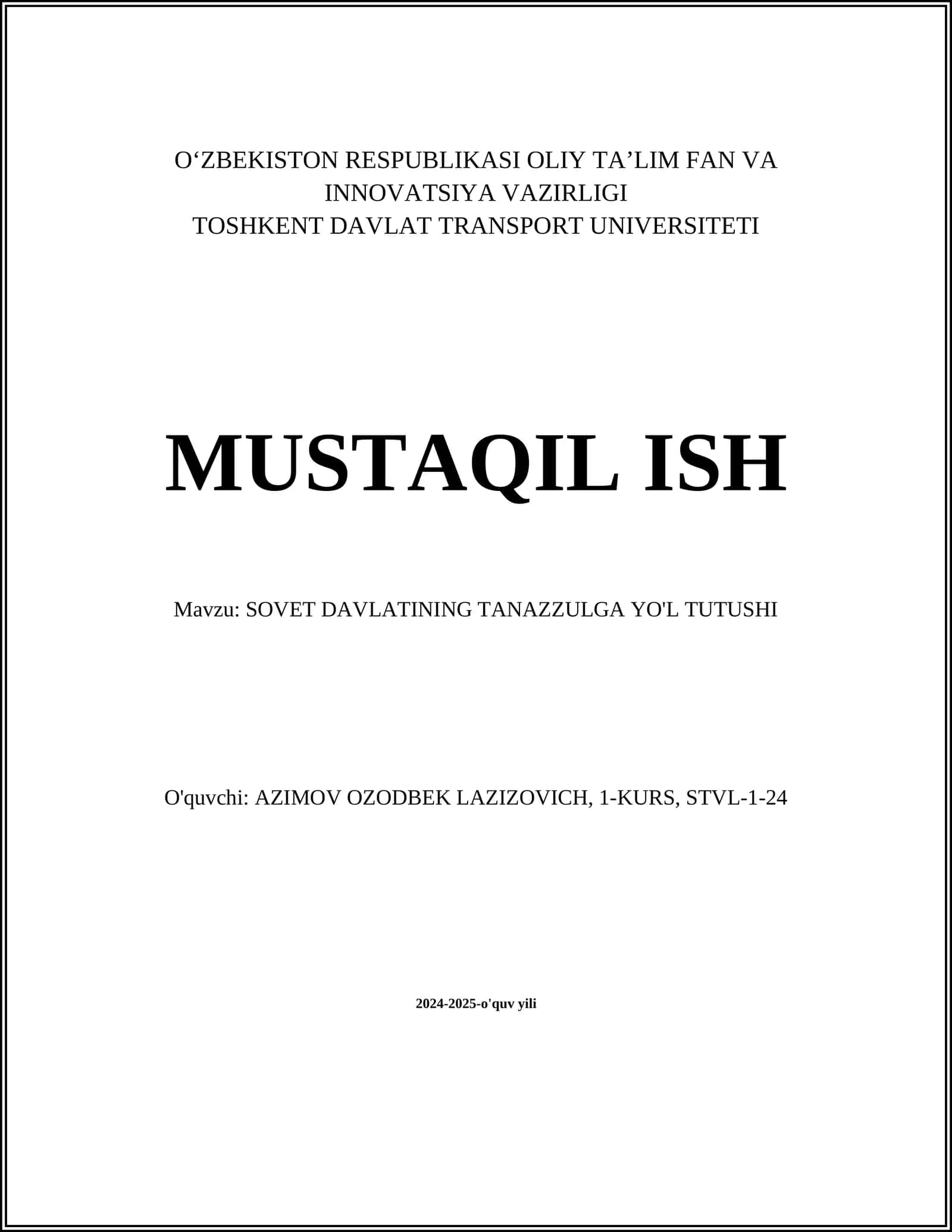 SOVET DAVLATINING TANAZZULGA YO'L TUTUSHI