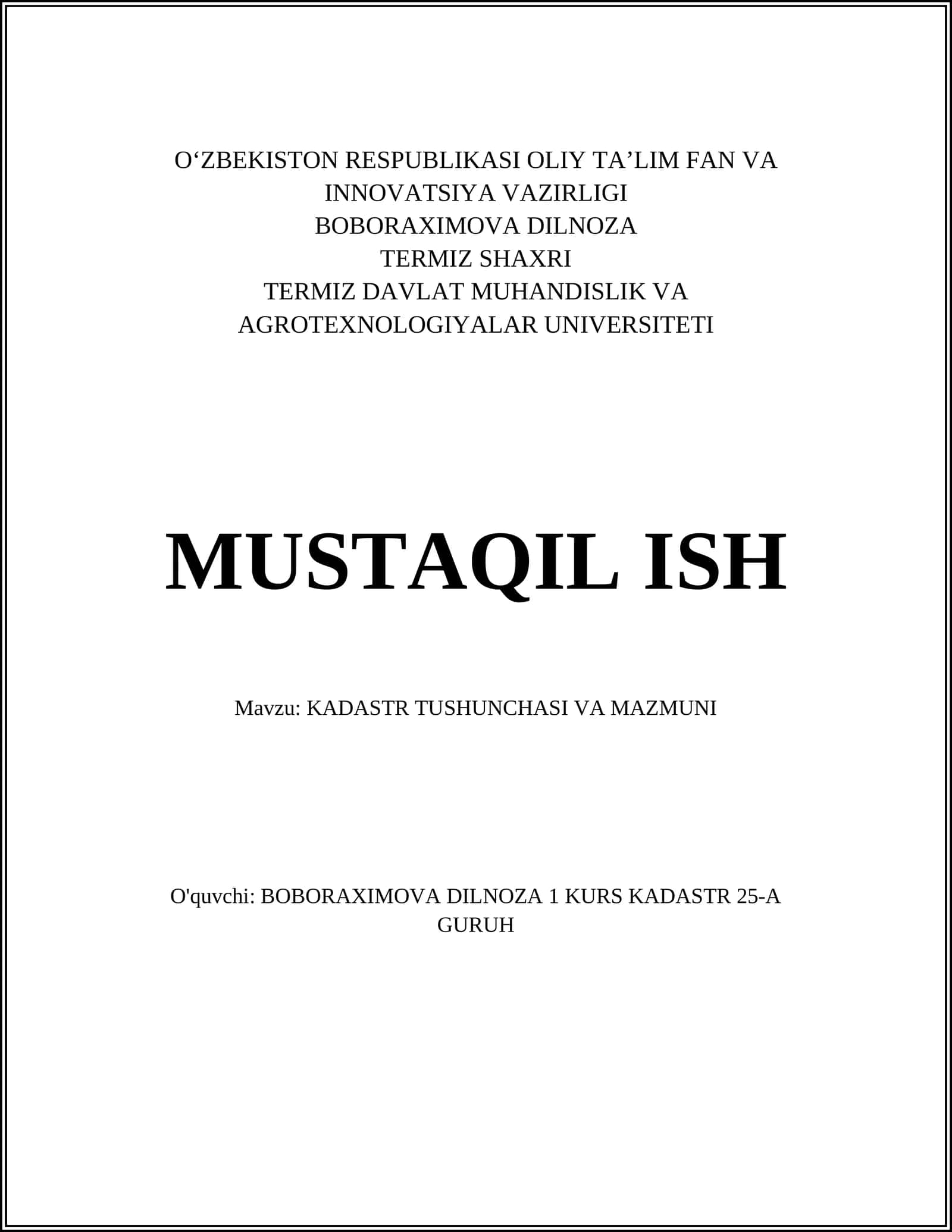 Kadastr Tushunchasi va Mazmuni