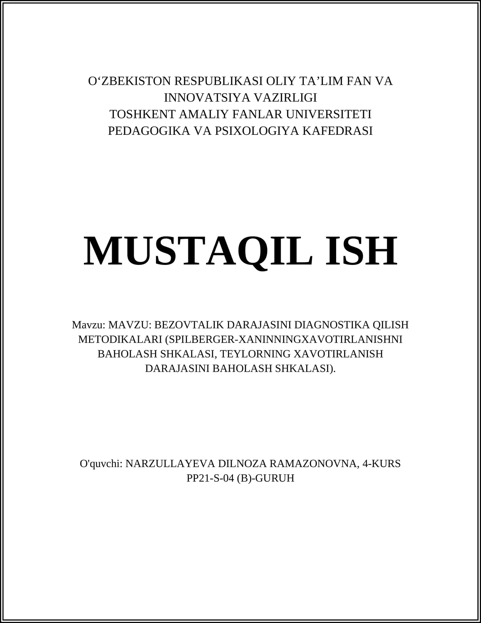 BEZOVTALIK DARAJASINI DIAGNOSTIKA QILISH METODIKALARI