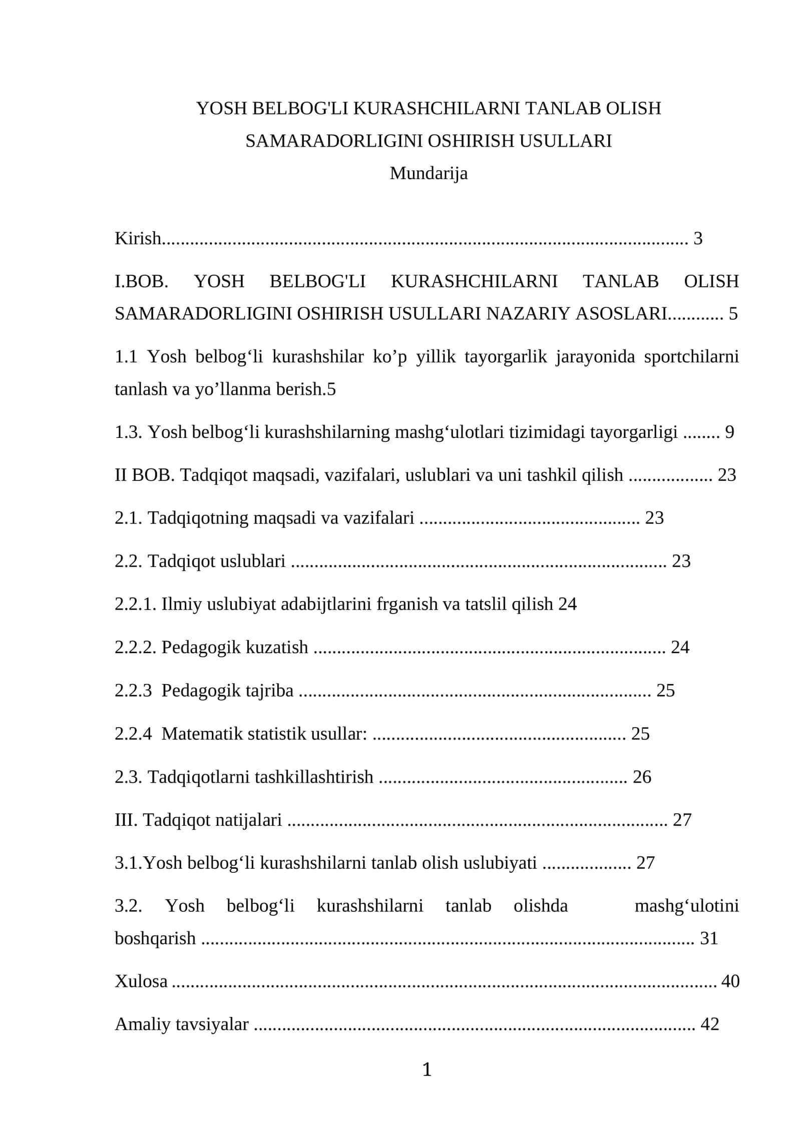 YOSH BELBOG'LI KURASHCHILARNI TANLAB OLISH SAMARADORLIGINI OSHIRISH USULLARI