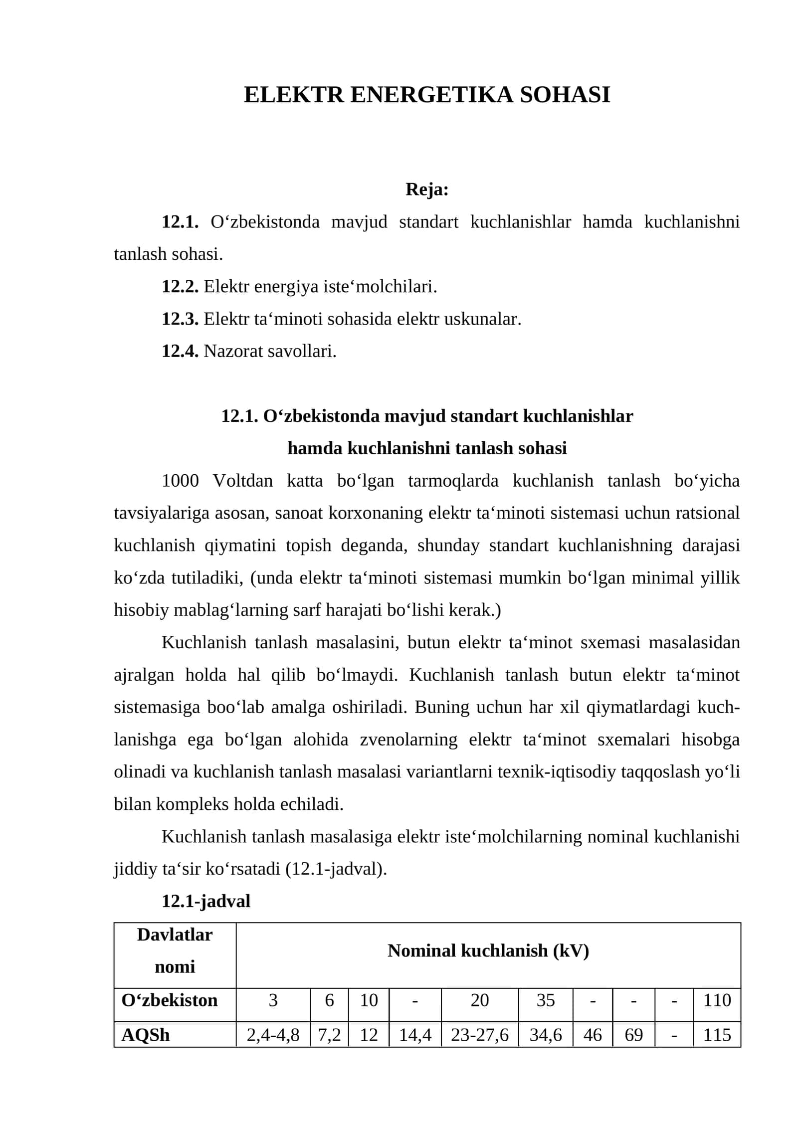 ELEKTR ENERGETIKA SOHASI