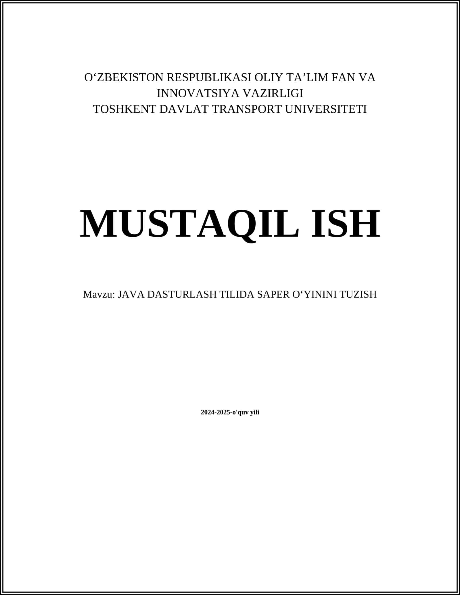 JAVA DASTURLASH TILIDA SAPER OʻYININI TUZISH