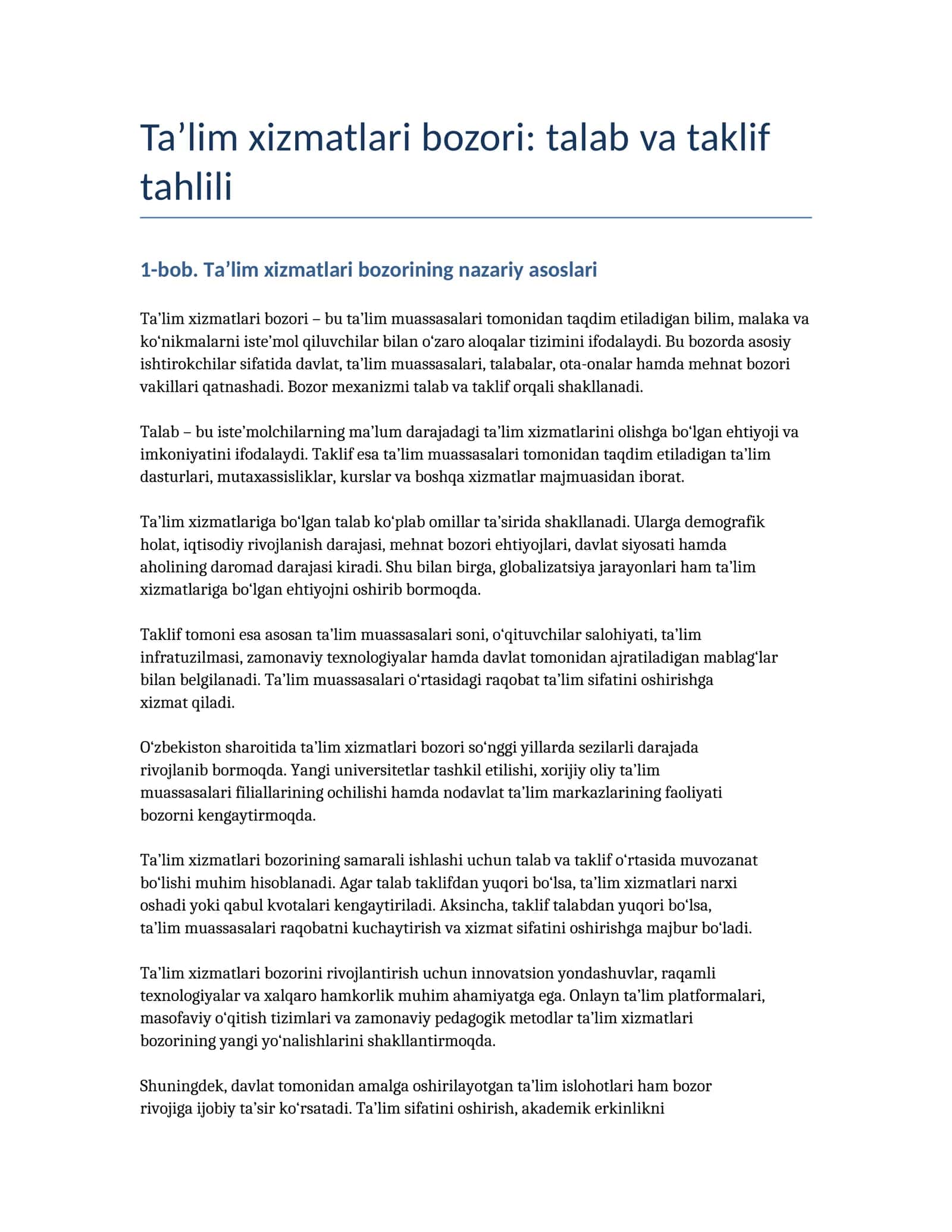 Ta’lim xizmatlari bozori: talab va taklif tahlili
