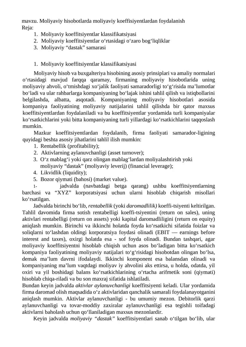 Moliyaviy koeffitsiyentlar