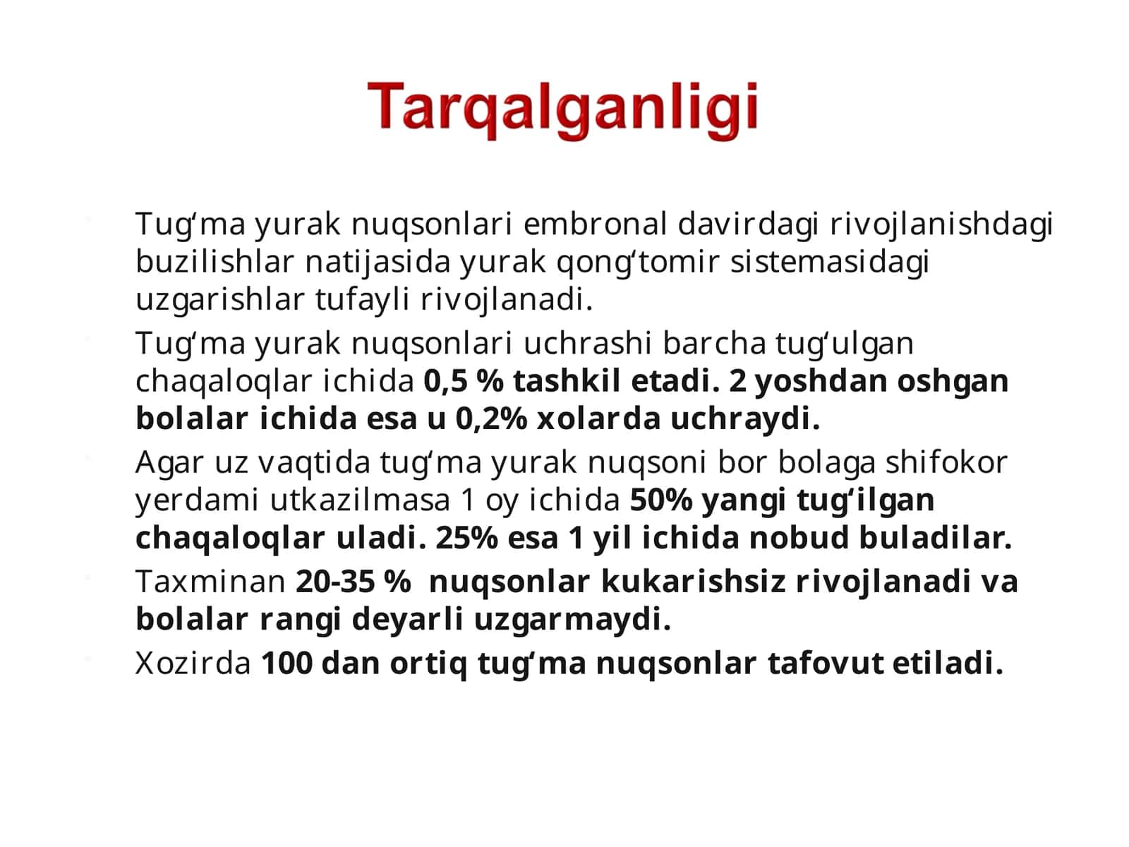 Tug‘ma yurak nuqsonlari embronal davirdagi rivojlanishdagi buzilishlar natijasida yurak qong‘tomir sistemasidagi uzgarishlar tufayli rivojlanadi