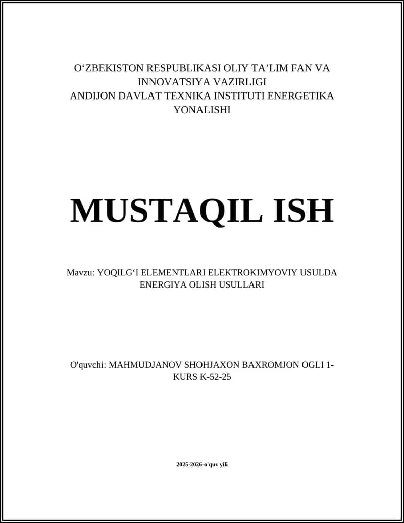 Yoqilgʻi Elementlari Elektrokimyoviy Usulda Energiya Olish Usullari