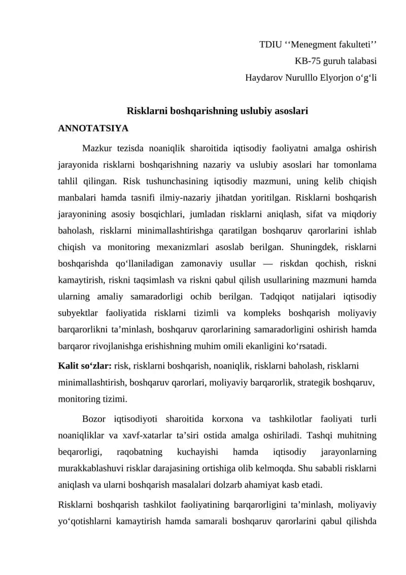 Risklarni boshqarishning uslubiy asoslari