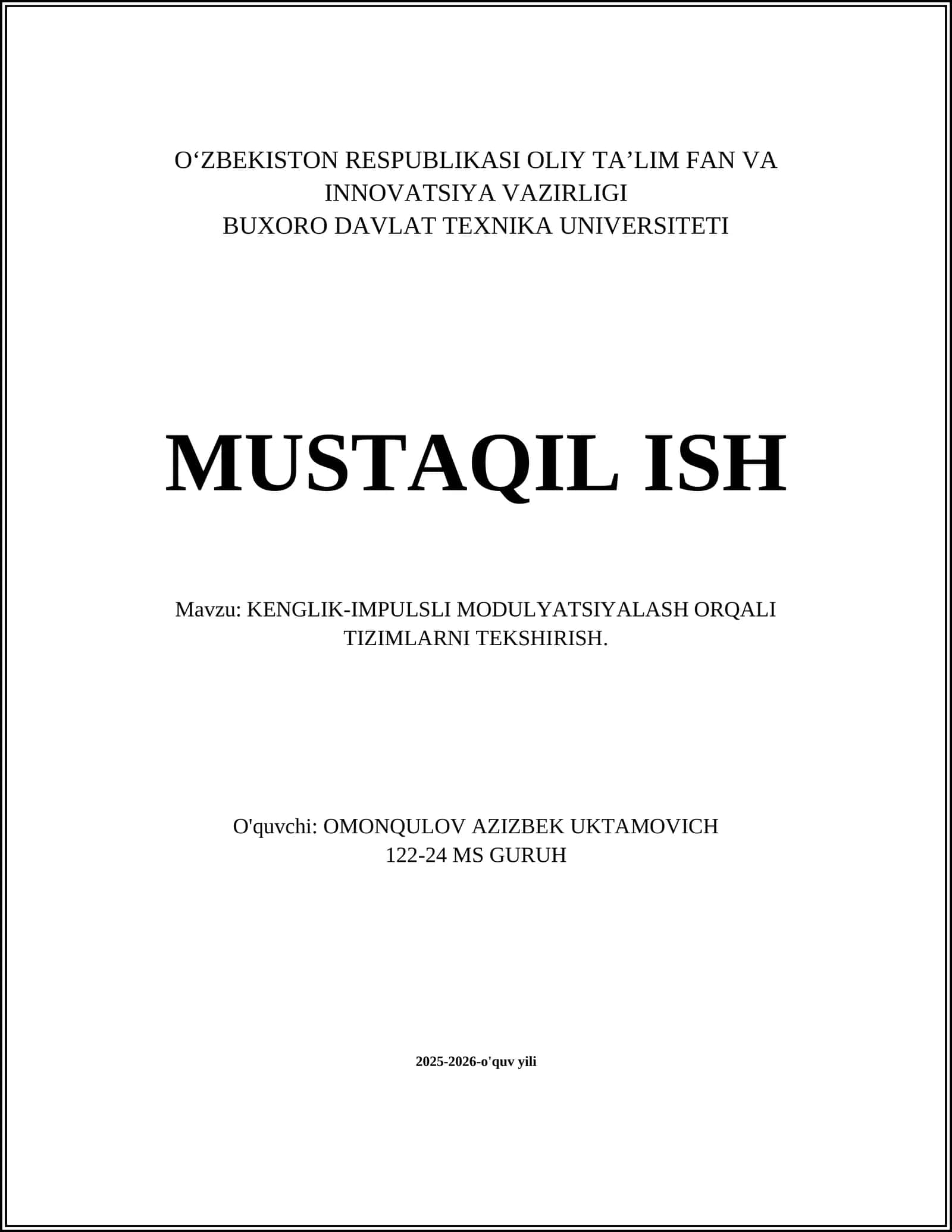 KENGLIK-IMPULSLI MODULYATSIYALASH ORQALI TIZIMLARNI TEKSHIRISH