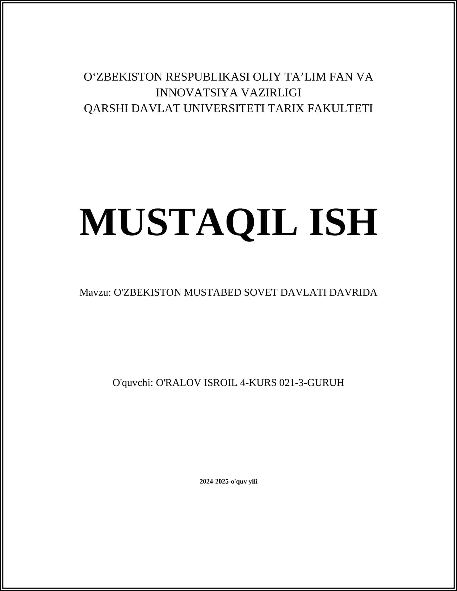 O'ZBEKISTON MUSTABED SOVET DAVLATI DAVRIDA