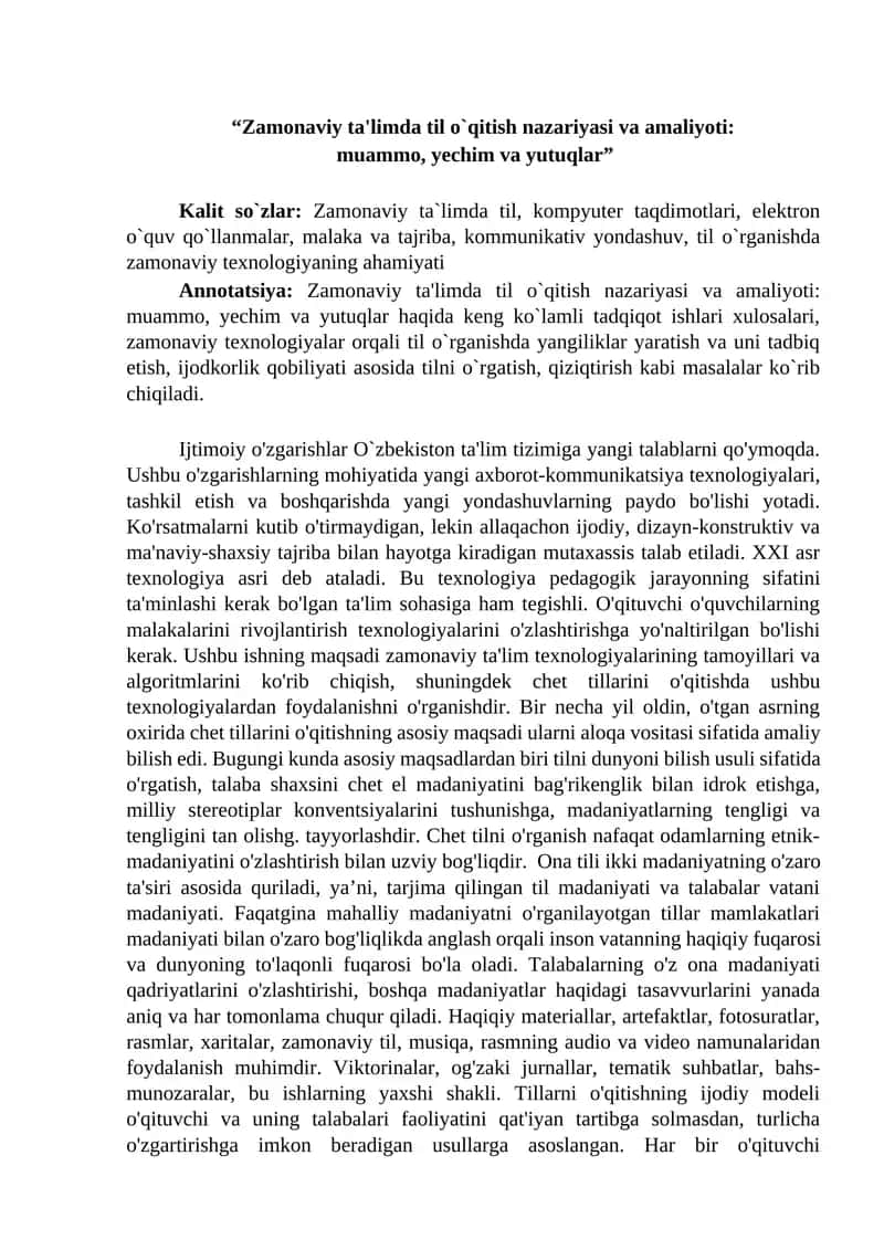 MAQOLA Zamonaviy ta'limda til o`qitish nazariyasi va amaliyoti muammo, yechim va yutuqlar