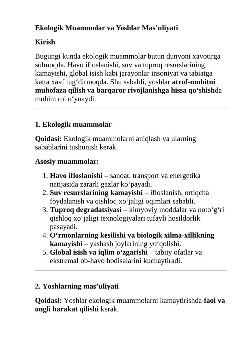 Ekologik Muammolar va Yoshlar Mas’uliyati
