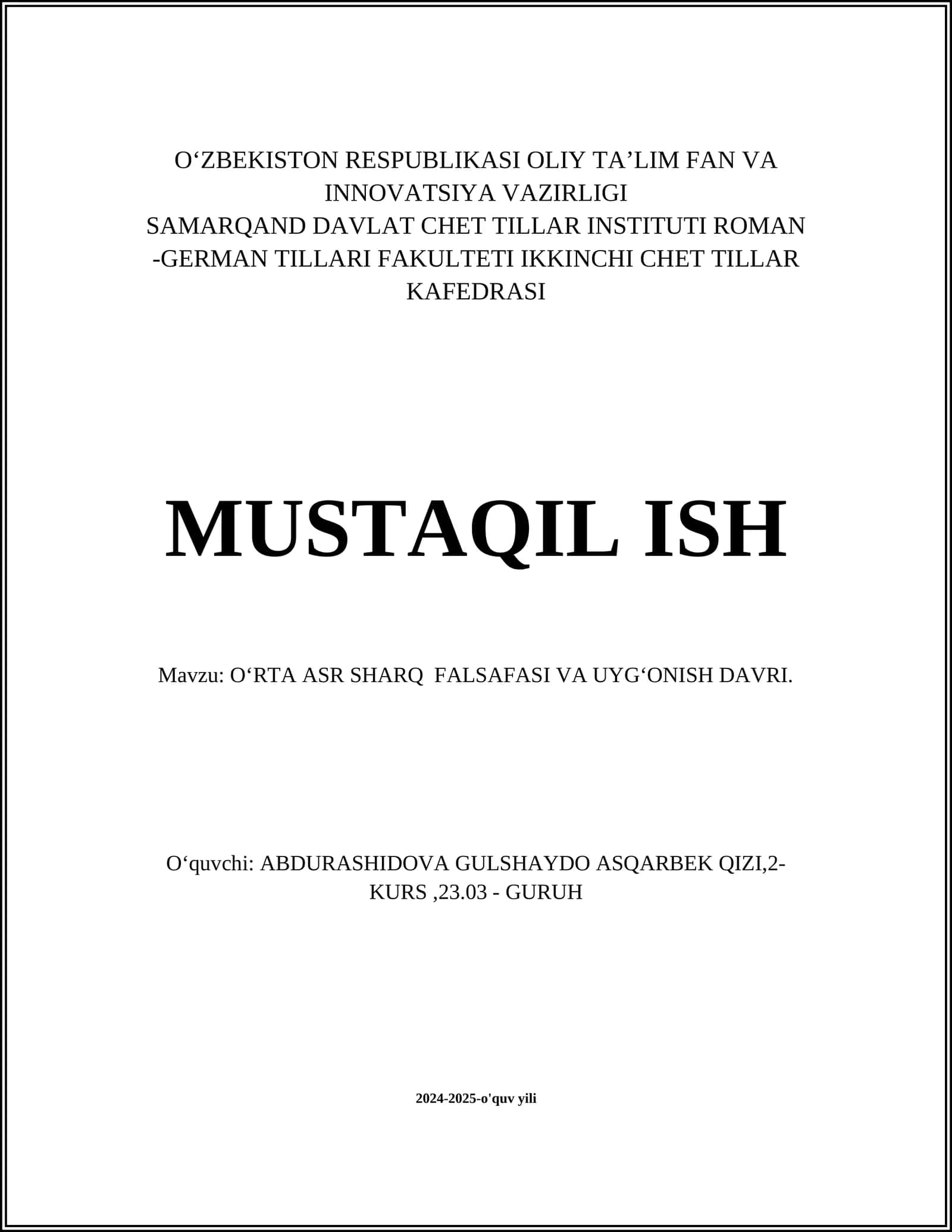OʻRTA ASR SHARQ FALSAFASI VA UYGʻONISH DAVRI
