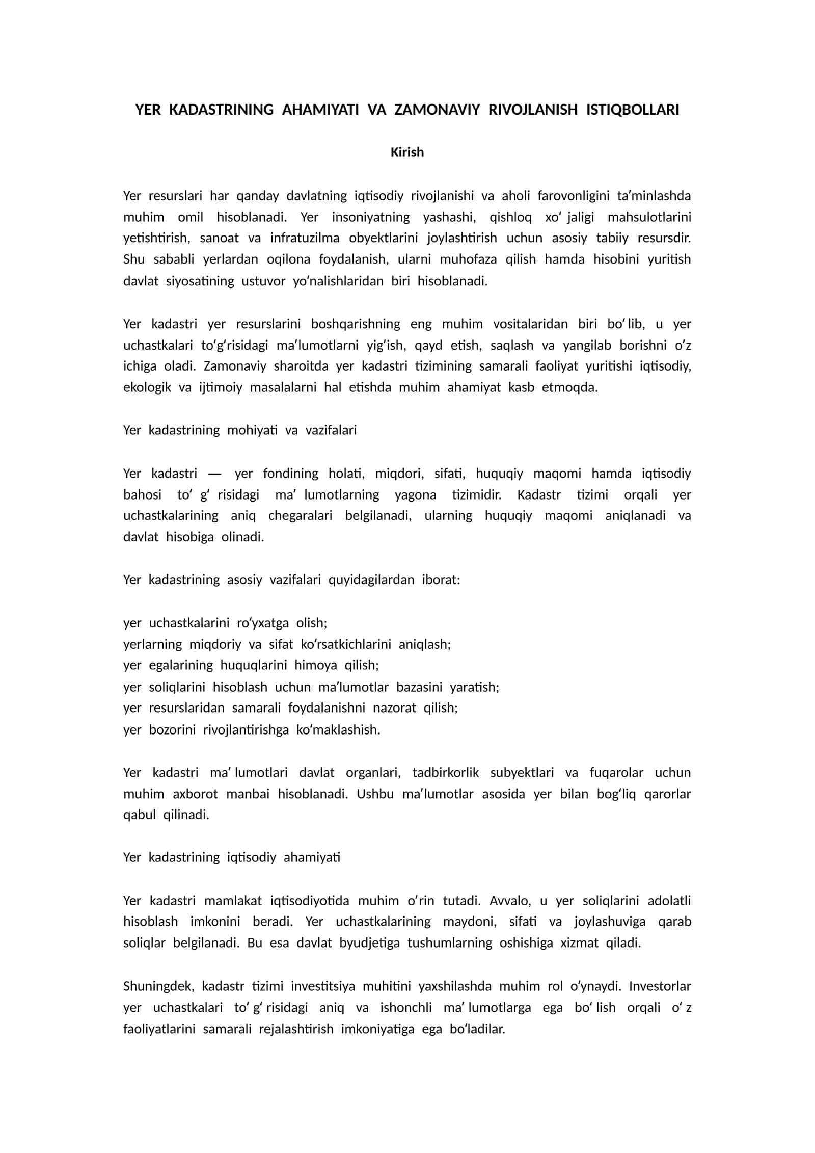 YER KADASTRINING AHAMIYATI VA ZAMONAVIY RIVOJLANISH ISTIQBOLLARI