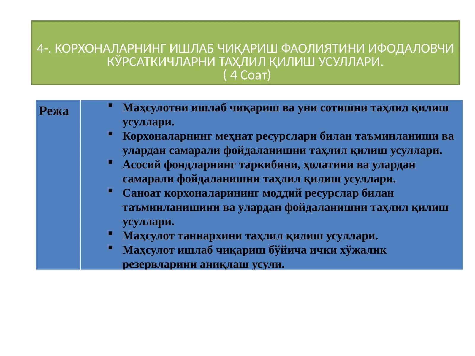 КОРХОНАЛАРНИНГ ИШЛАБ ЧИҚАРИШ ФАОЛИЯТИНИ ИФОДАЛОВЧИ КЎРСАТКИЧЛАРНИ ТАҲЛИЛ ҚИЛИШ УСУЛЛАРИ