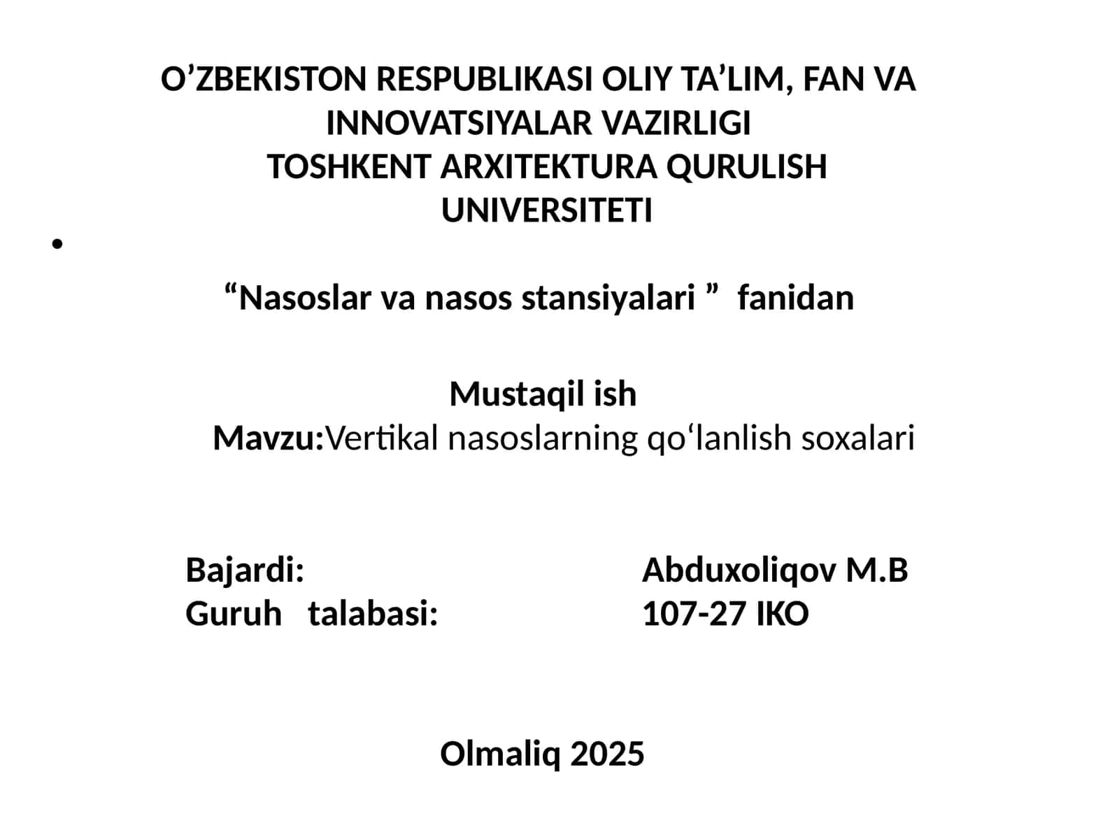 Vertikal nasoslarning qoʻlanlish soxalari