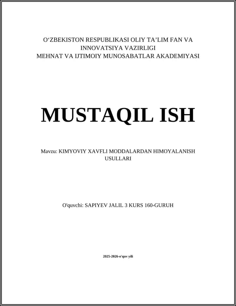 KIMYOVIY XAVFLI MODDALARDAN HIMOYALANISH USULLARI