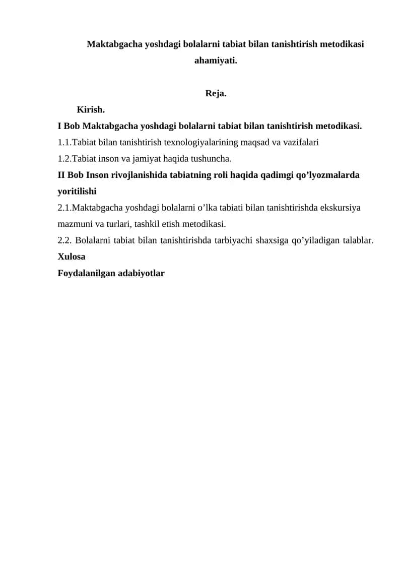 Maktabgacha yoshdagi bolalarni tabiat bilan tanishtirish metodikasi