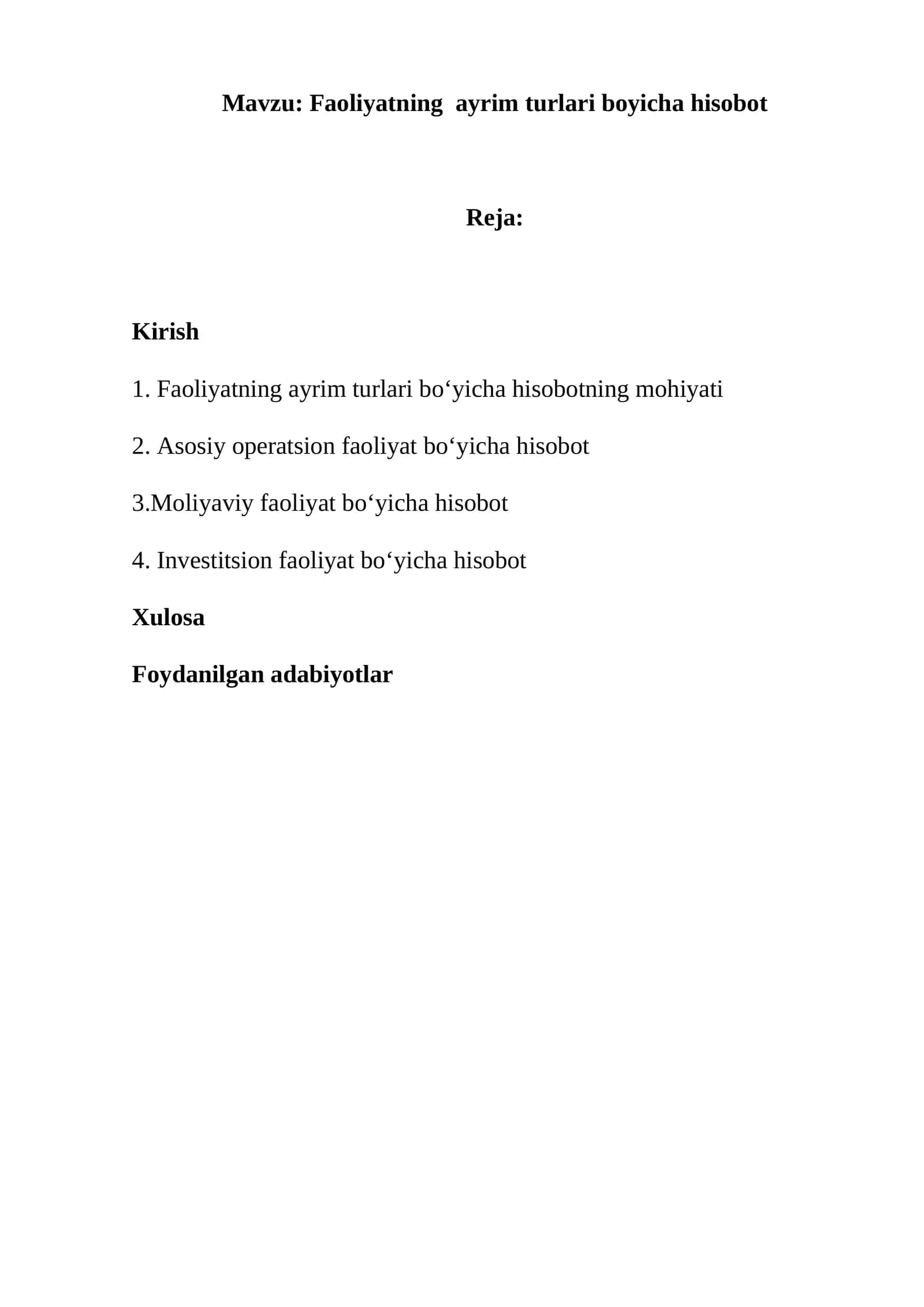 Faoliyatning ayrim turlari boyicha hisobot