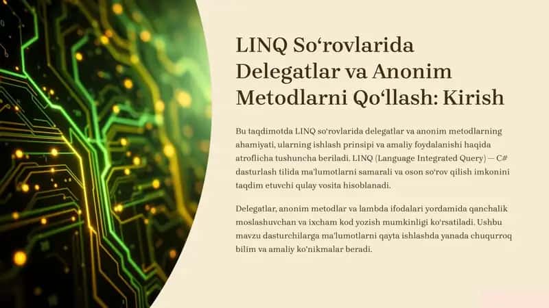 LINQ Soʻrovlarida Delegatlar va Anonim Metodlarni Qoʻllash: Kirish