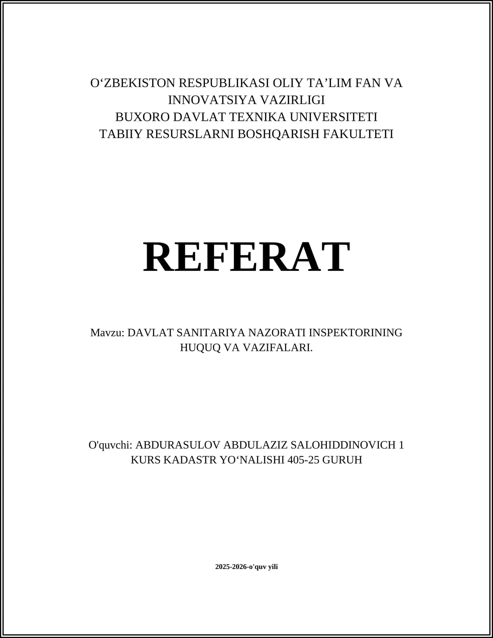 DAVLAT SANITARIYA NAZORATI INSPEKTORINING HUQUQ VA VAZIFALARI