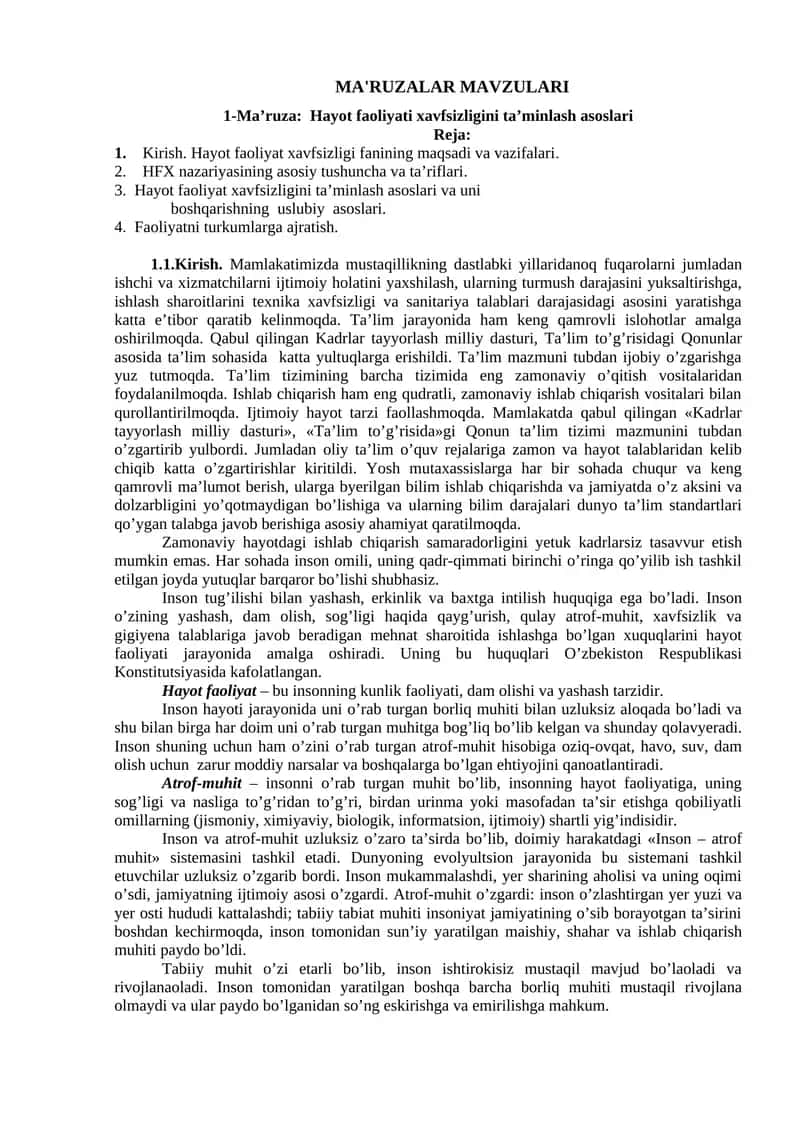 Hayot faoliyati xavfsizligini ta’minlash asoslari