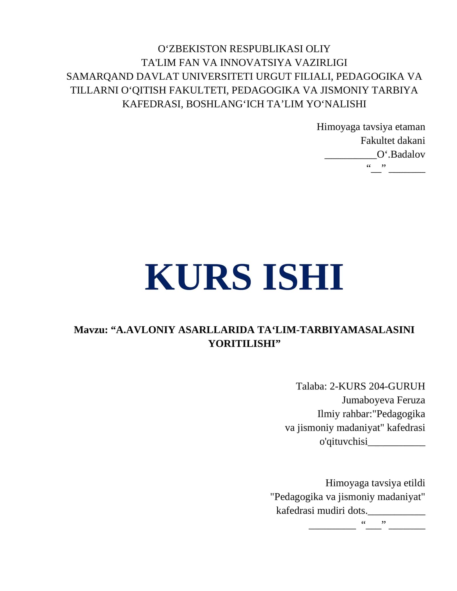 ABDULLA AVLONIY ASARLARIDA TA‘LIM-TARBIYA MASALASINI YORITILISHI