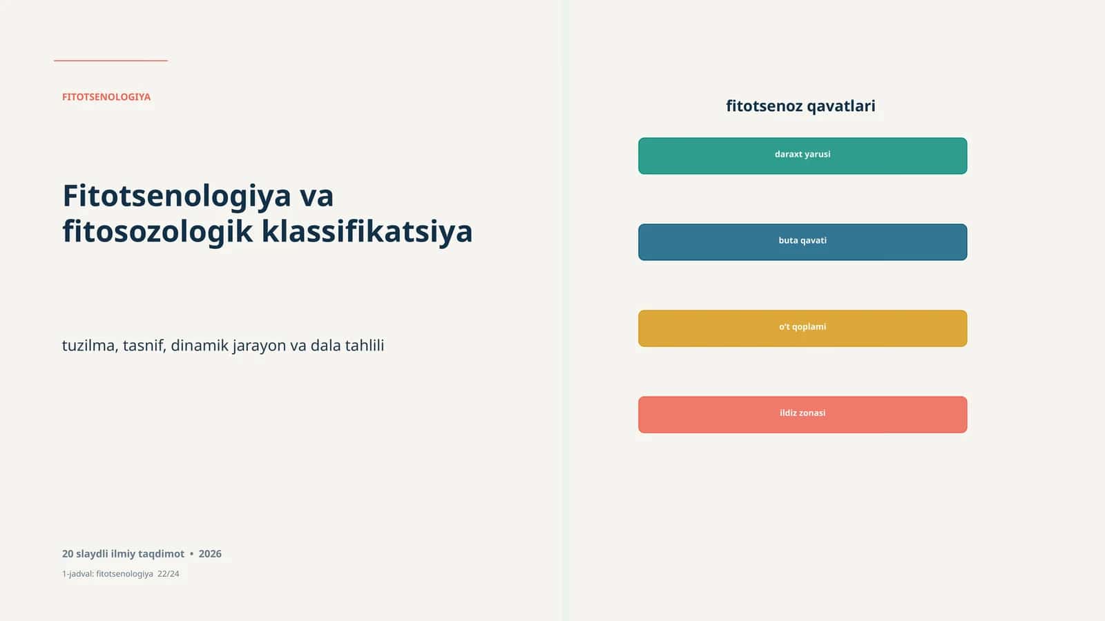FITOTSENOLOGIYA Study of plant communities and their classification, including structure, classification, dynamic processes, and field analysis. Presentation includes 20 slides