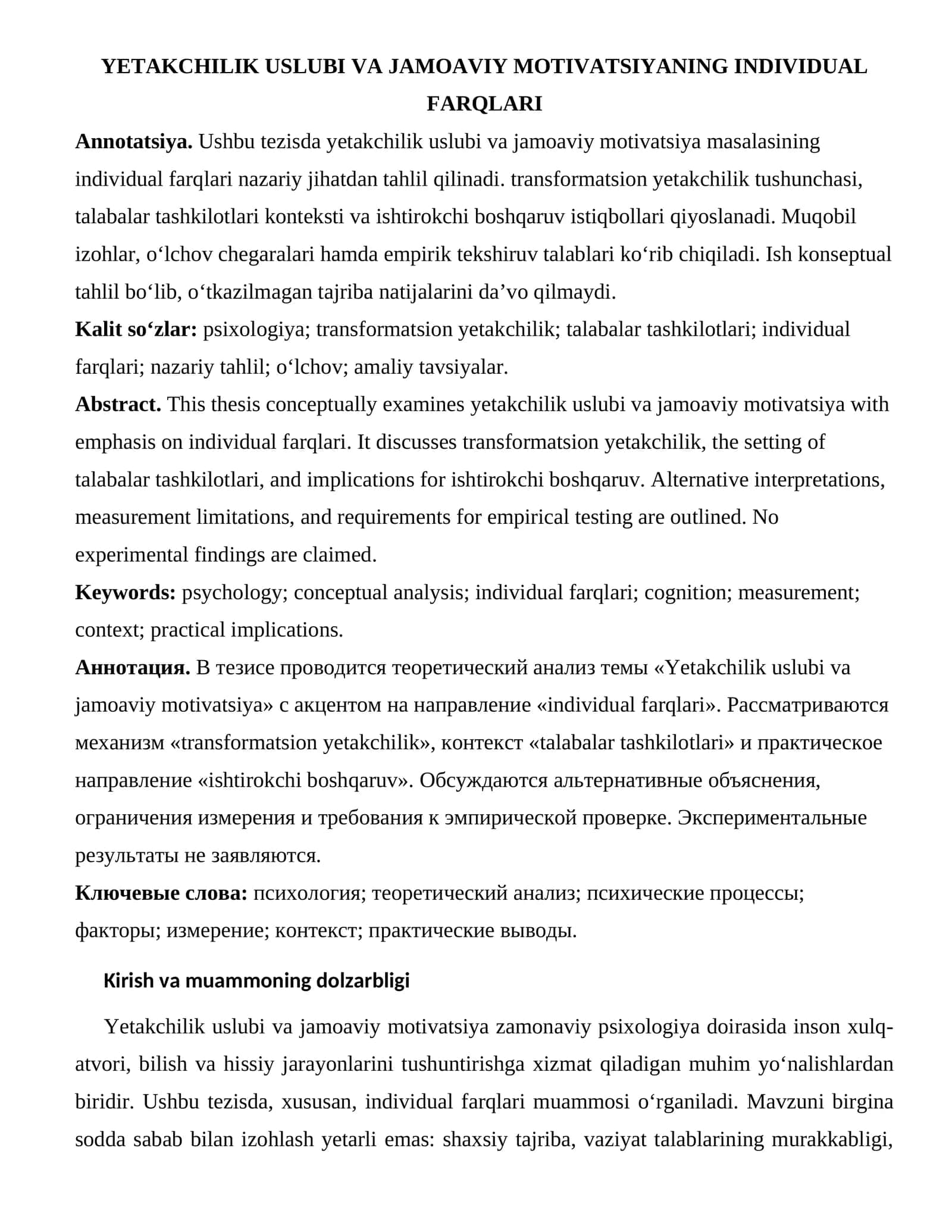 YETAKCHILIK USLUBI VA JAMOAVIY MOTIVATSIYANING INDIVIDUAL FARQLARI