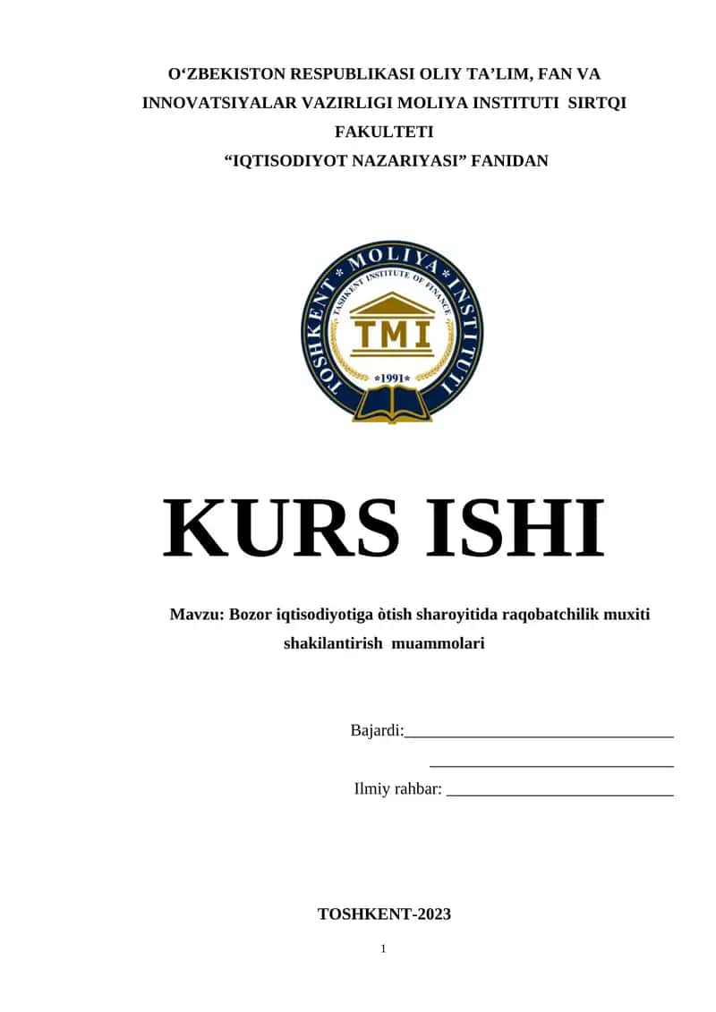 Bozor iqtisodiyotiga òtish sharoyitida raqobatchilik muxiti shakilantirish muammolari