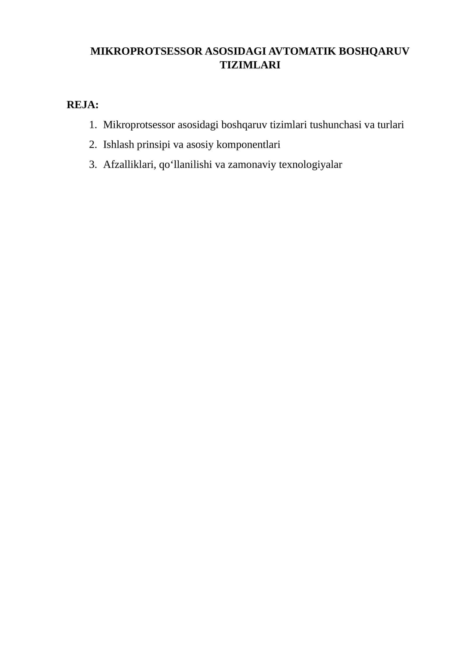Mikroprotsessor asosidagi avtomatik boshqaruv tizimlari