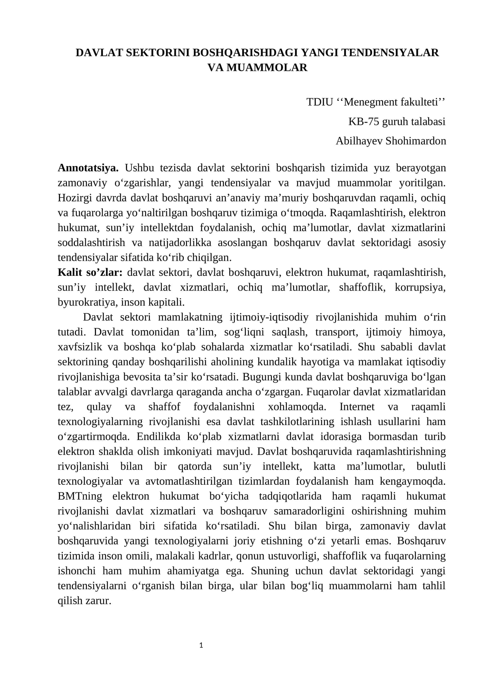 DAVLAT SEKTORINI BOSHQARISHDAGI YANGI TENDENSIYALAR VA MUAMMOLAR
