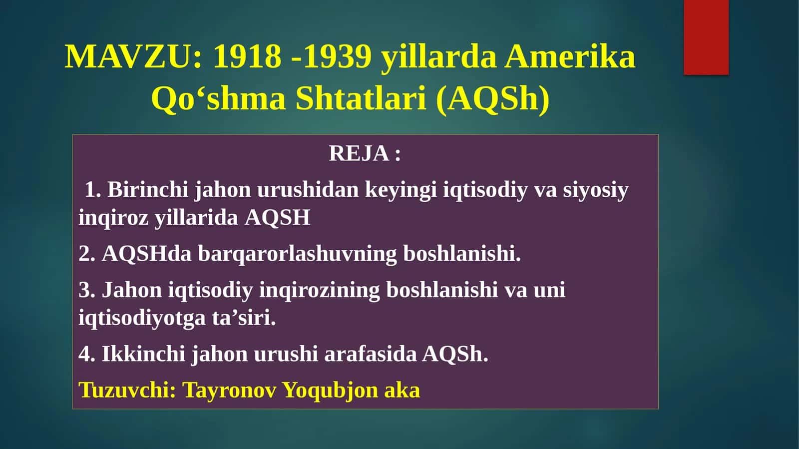 1918 -1939 yillarda Amerika Qo‘shma Shtatlari (AQSh)