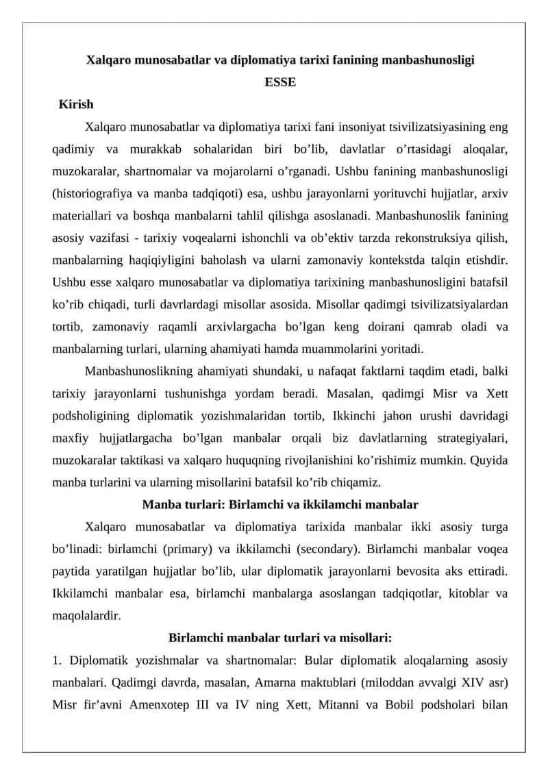Xalqaro munosabatlar va diplomatiya tarixi fanining manbashunosligi ESSE