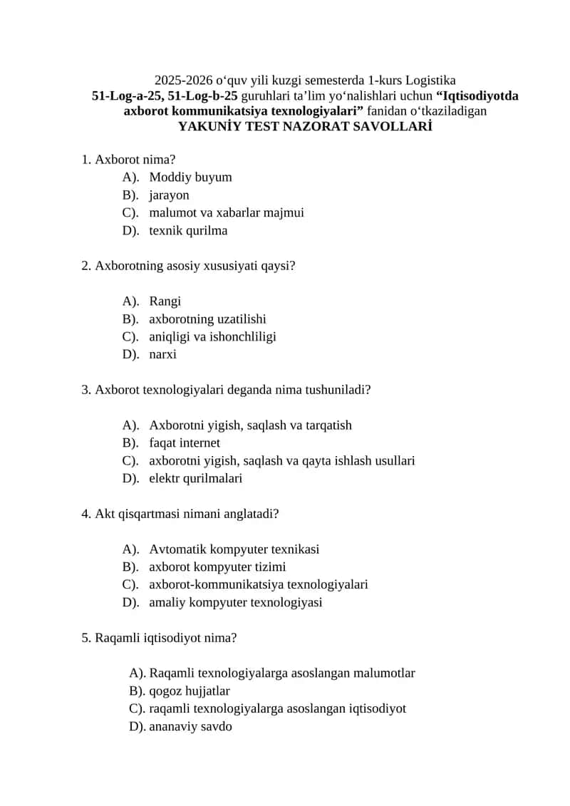 Yakuniy test savollari "Iqtisodiyotda axborot kommunikatsiya texnologiyalari"