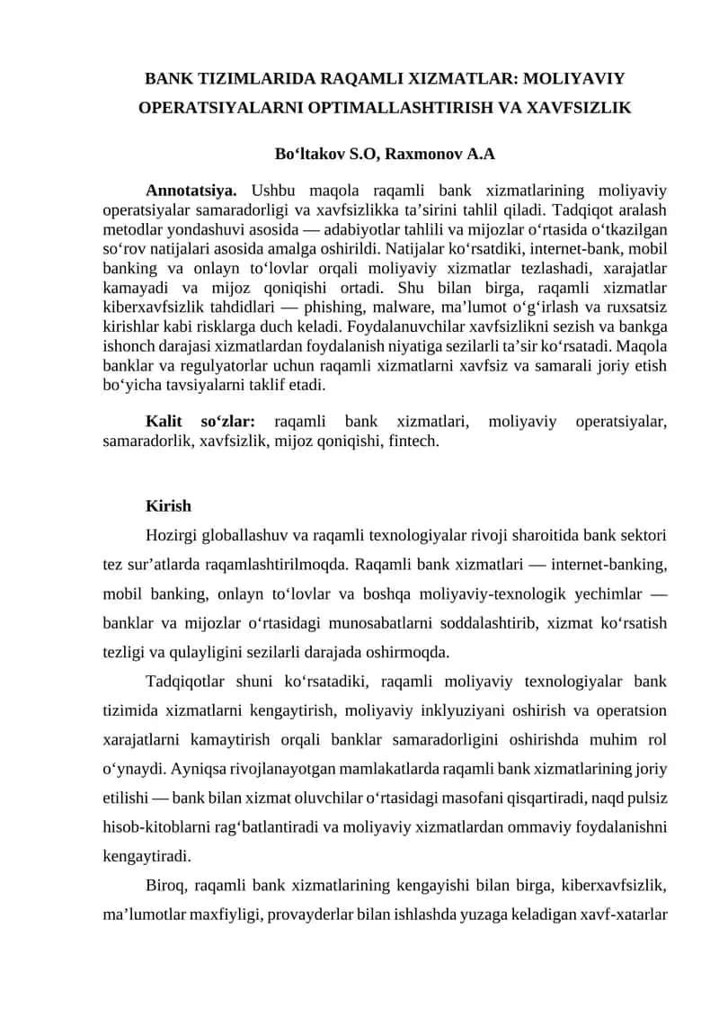 BANK TIZIMLARIDA RAQAMLI XIZMATLAR: MOLIYAVIY OPERATSIYALARNI OPTIMALLASHTIRISH VA XAVFSIZLIK