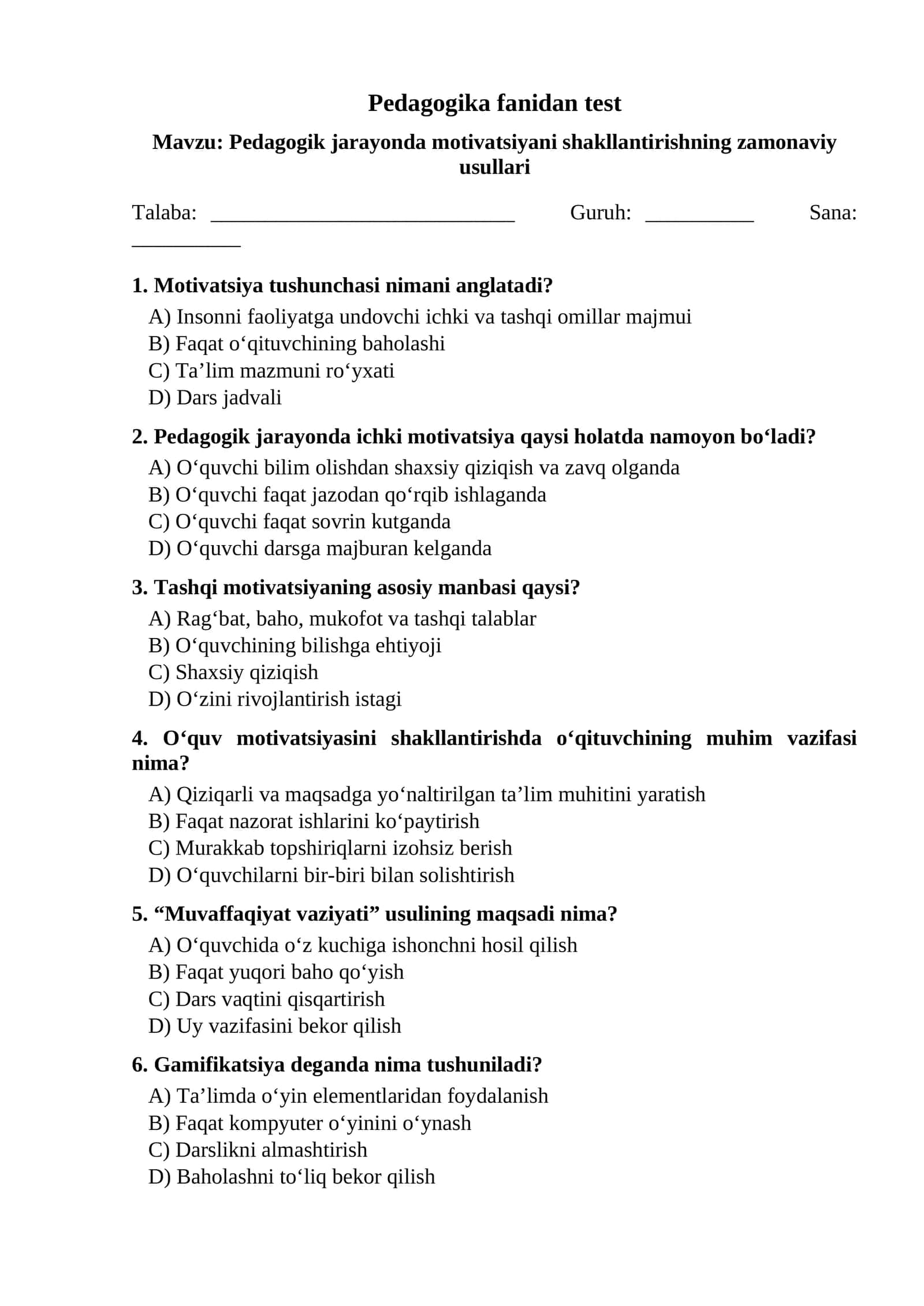 Pedagogik jarayonda motivatsiyani shakllantirishning zamonaviy usullari TEST.do