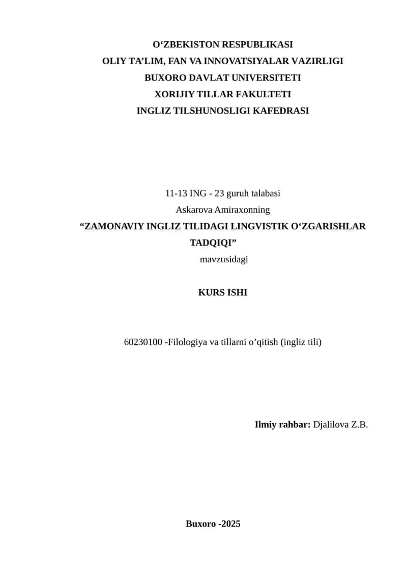 ZAMONAVIY INGLIZ TILIDAGI LINGVISTIK O‘ZGARISHLAR TADQIQI