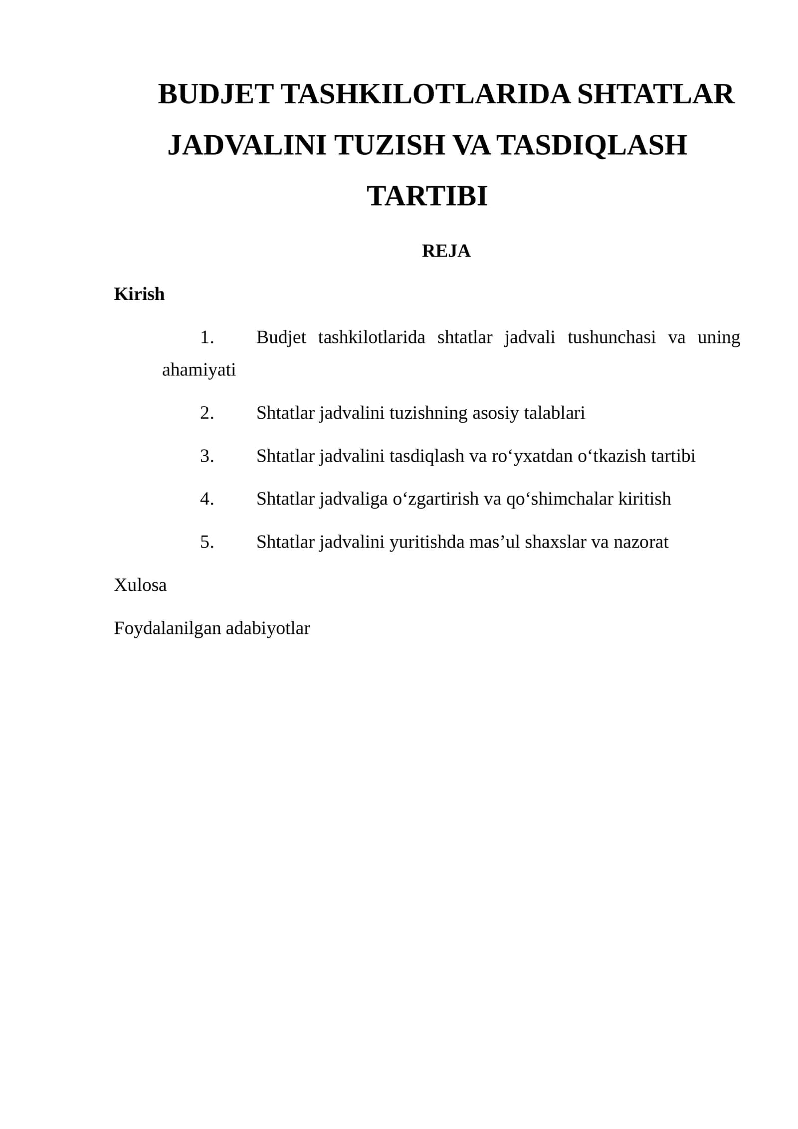 Shtatlar jadvalini tuzish va tasdiqlash tartibi