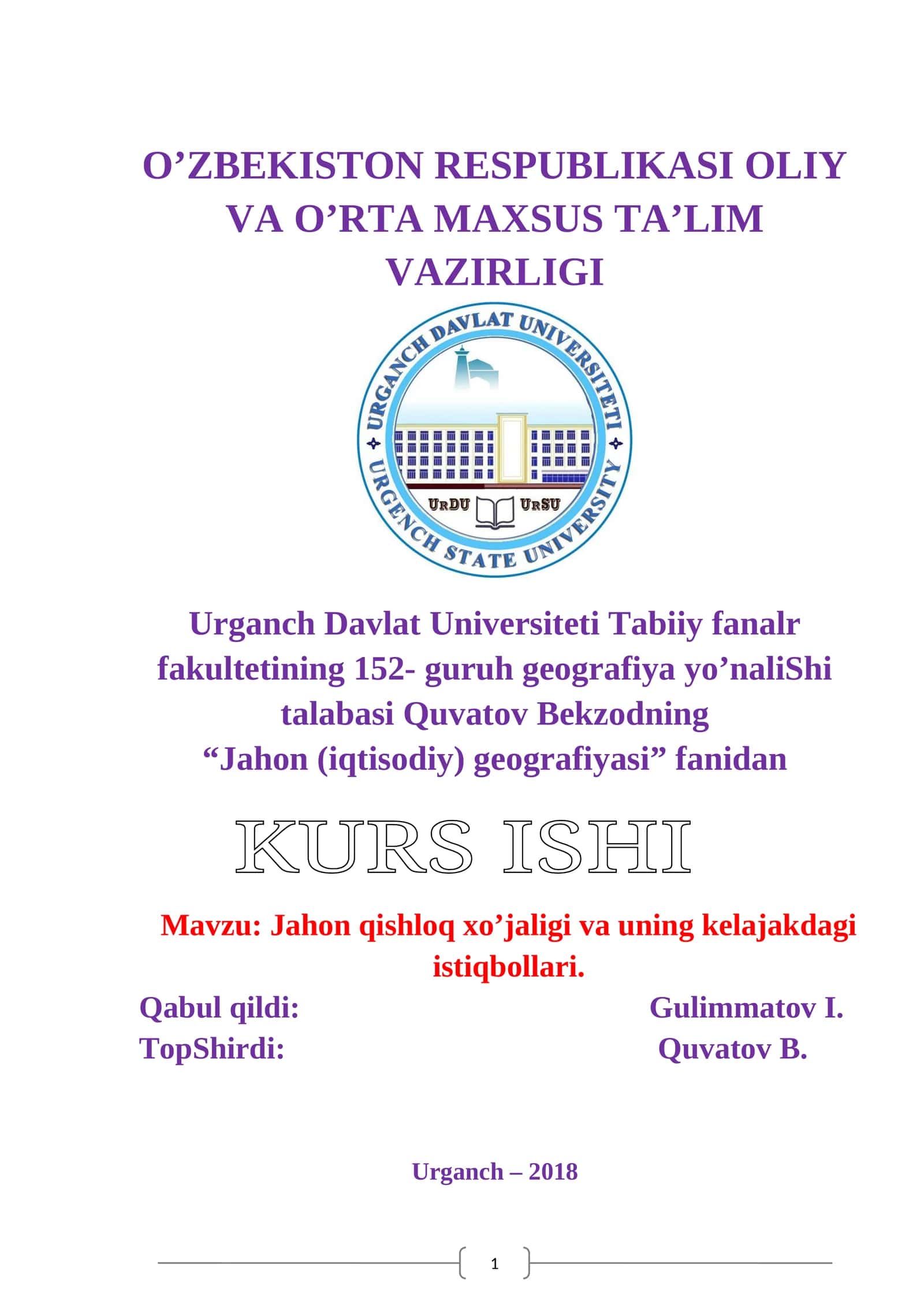 Jahon qishloq xo’jaligi va uning kelajakdagi istiqbollari