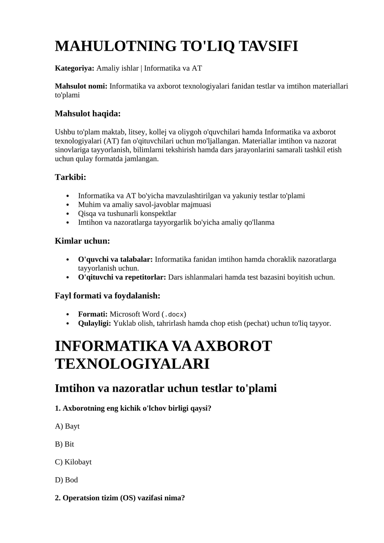 Maktab, litsey, kollej hamda oliygoh oʻquvchilari va oʻqituvchilari uchun testlar, savol-javoblar toʻplami, konspektlar hamda imtihonga tayyorgarlik qoʻllanmalari.