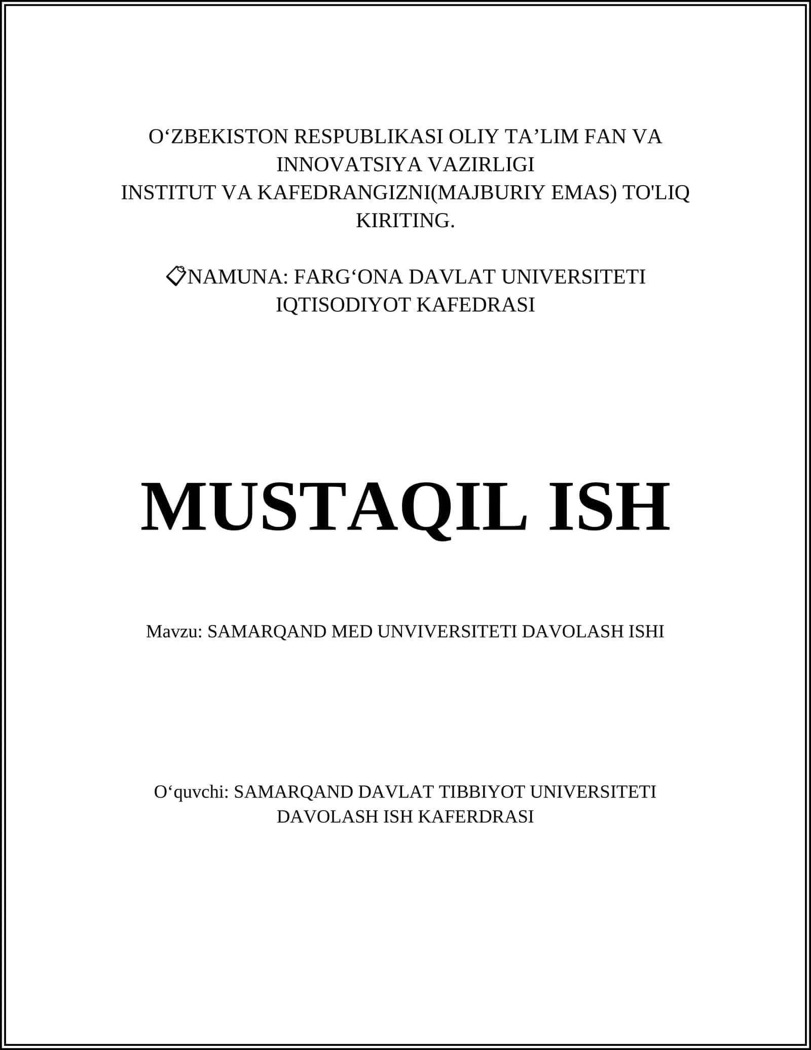SAMARQAND MED UNVIVERSITETI DAVOLASH ISHI