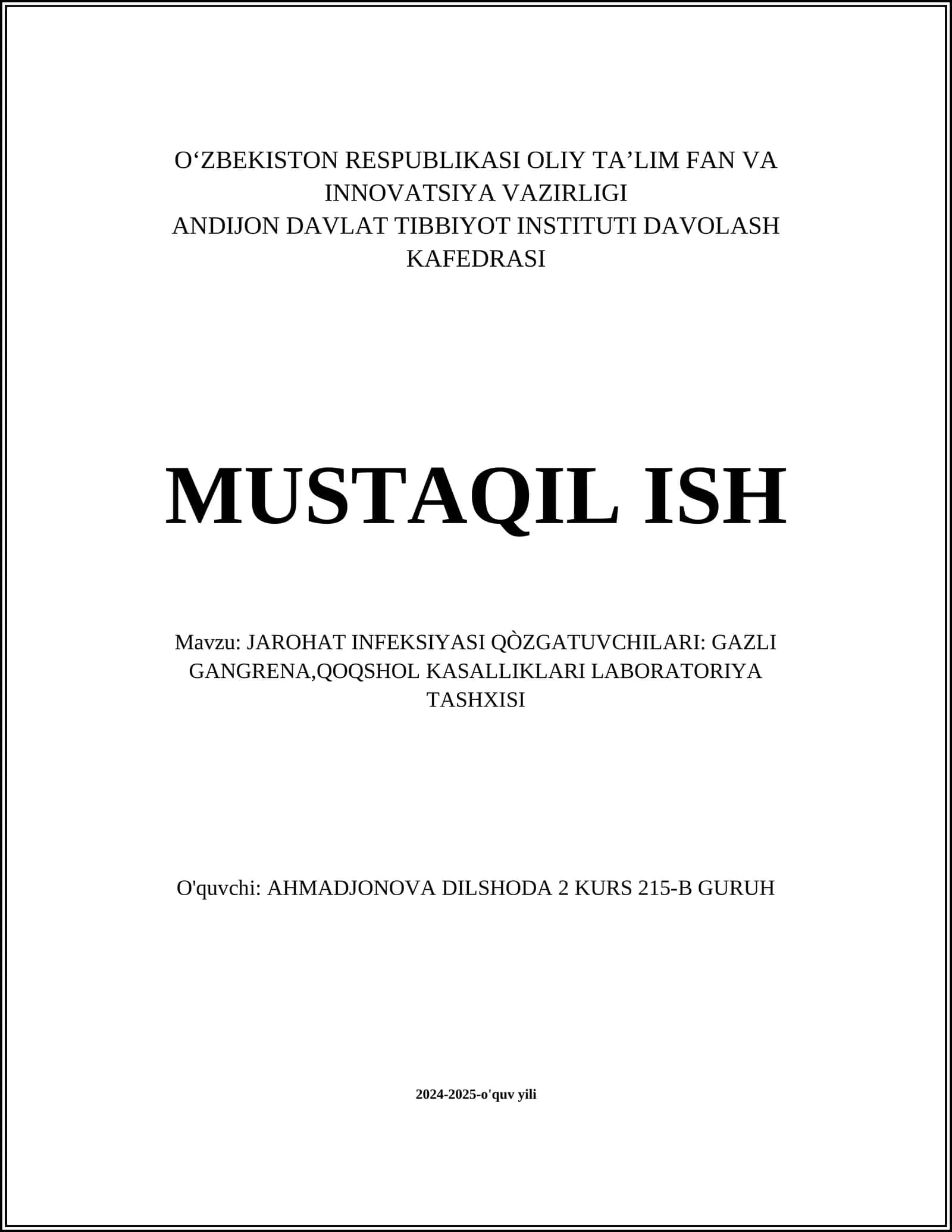 JAROHAT INFEKSIYASI QÒZGATUVCHILARI: GAZLI GANGRENA,QOQSHOL KASALLIKLARI LABORATORIYA TASHXISI