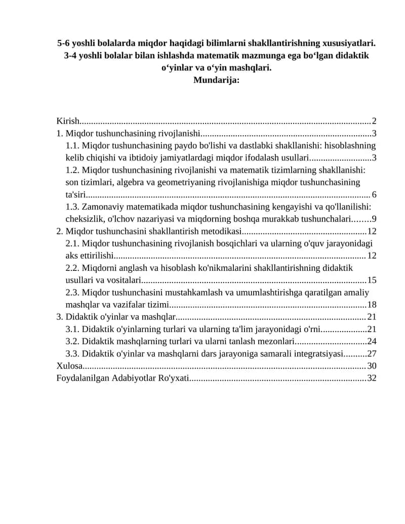 5-6 yoshli bolalarda miqdor haqidagi bilimlarni shakllantirishning xususiyatlari. 3-4 yoshli bolalar bilan ishlashda matematik mazmunga ega bo‘lgan didaktik o‘yinlar va o‘yin mashqlari.