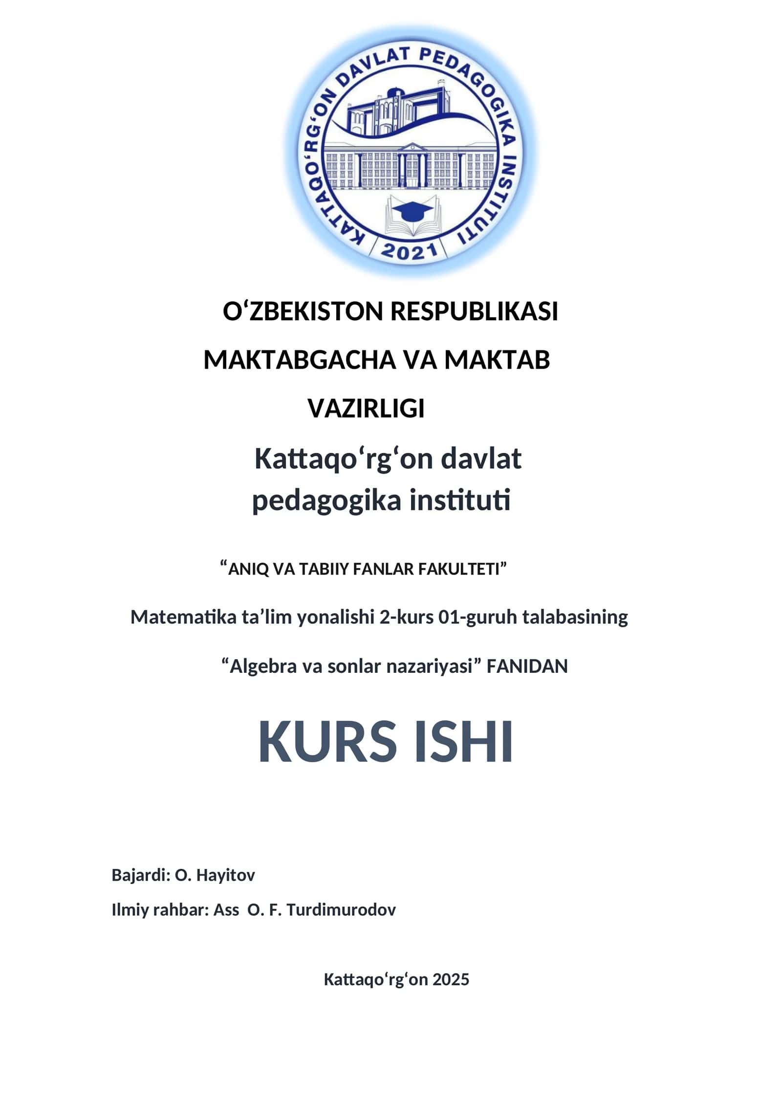 "Algebra va sonlar nazariyasi" FANIDAN KURS ISHI
