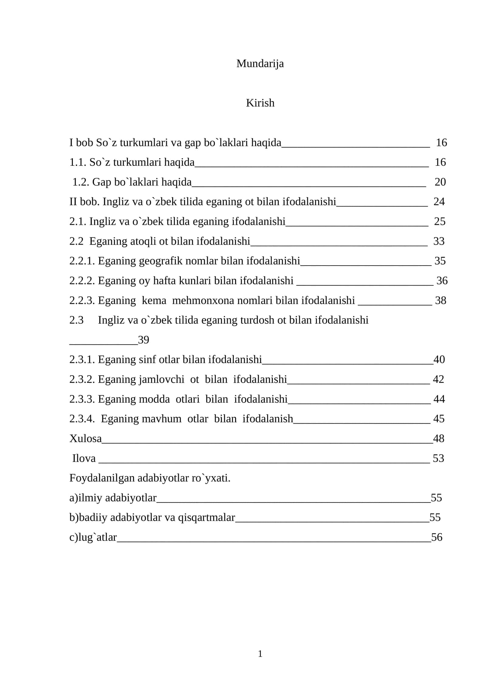 Ingliz va o`zbek tilida eganing ot bilan ifodalanishi