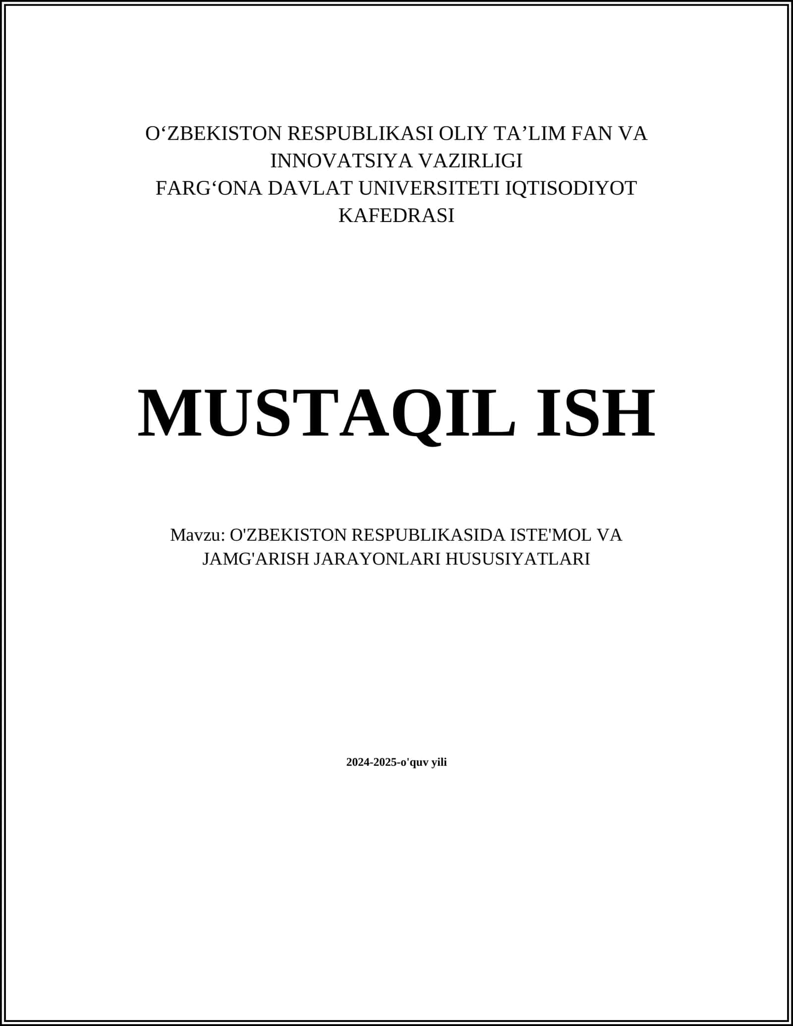 O'ZBEKISTON RESPUBLIKASIDA ISTE'MOL VA JAMG'ARISH JARAYONLARI HUSUSIYATLARI