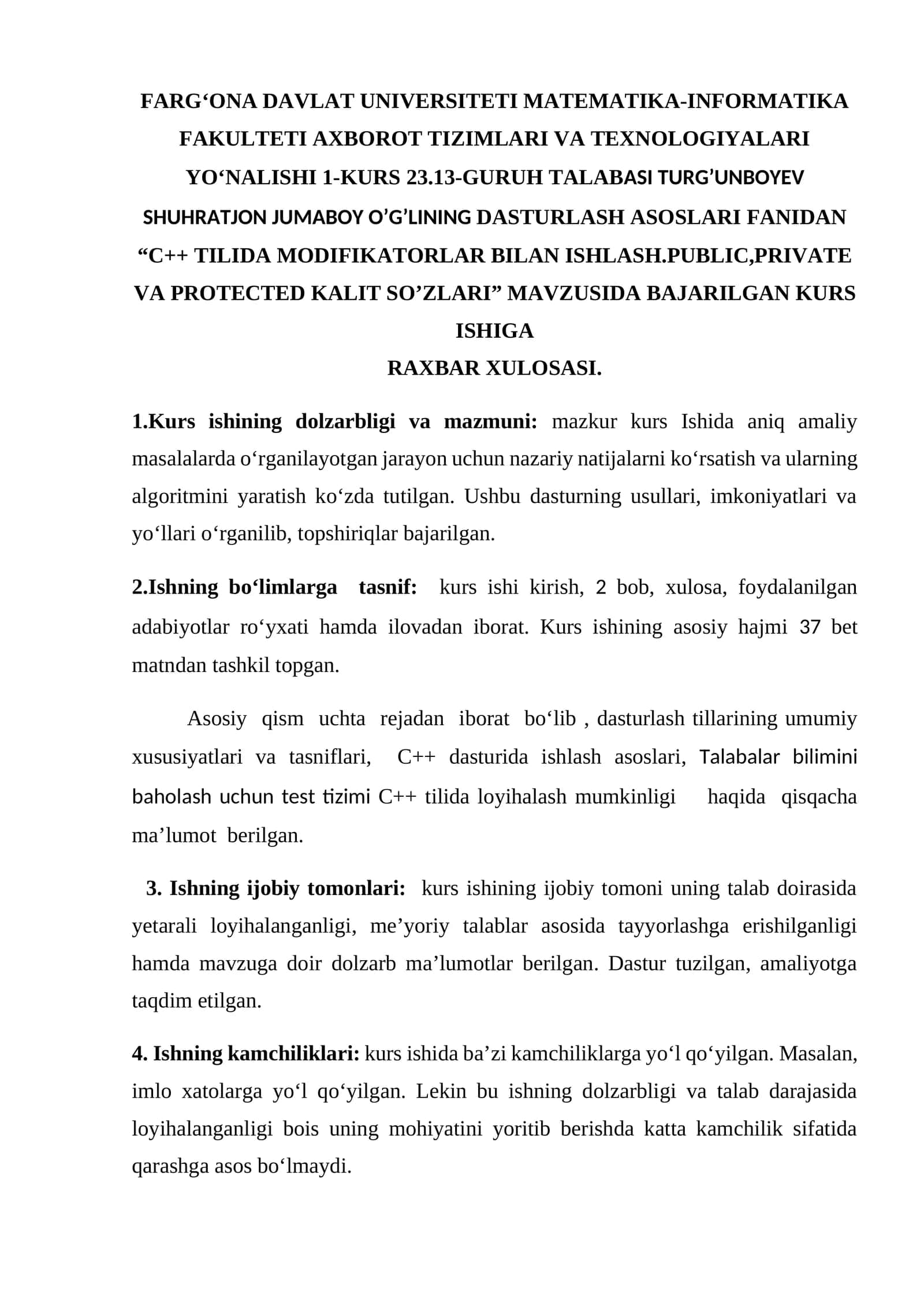 Dasturlash asoslari fanidan “C++ tilida modifikatorlar bilan ishlash. Public, Private va Protected kalit so’zlari” mavzusida kurs