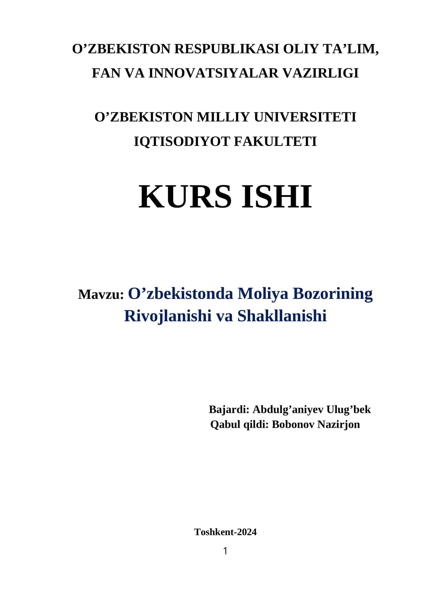 O’zbekistonda moliya bozorining rivojlanishi va shakllanishi