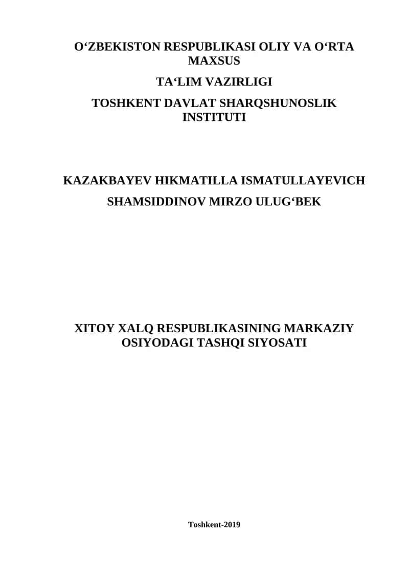 Xitoy Xalq Respublikasining Markaziy Osiyodagi Tashqi Siyosati